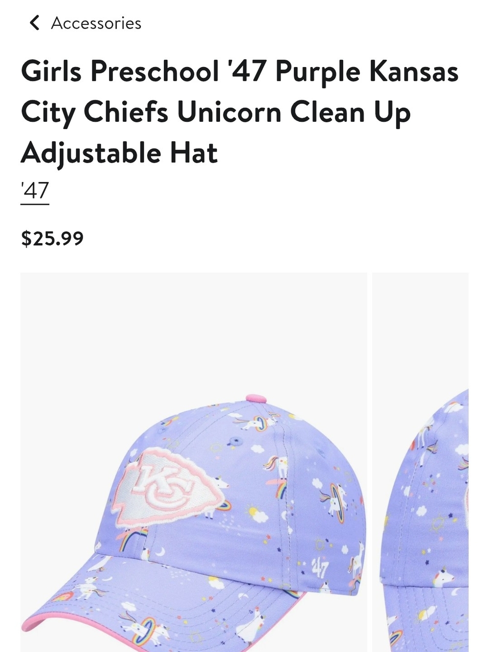 47 Girls Preschool Kansas City Chiefs Purple Unicorn Adjustable Hat